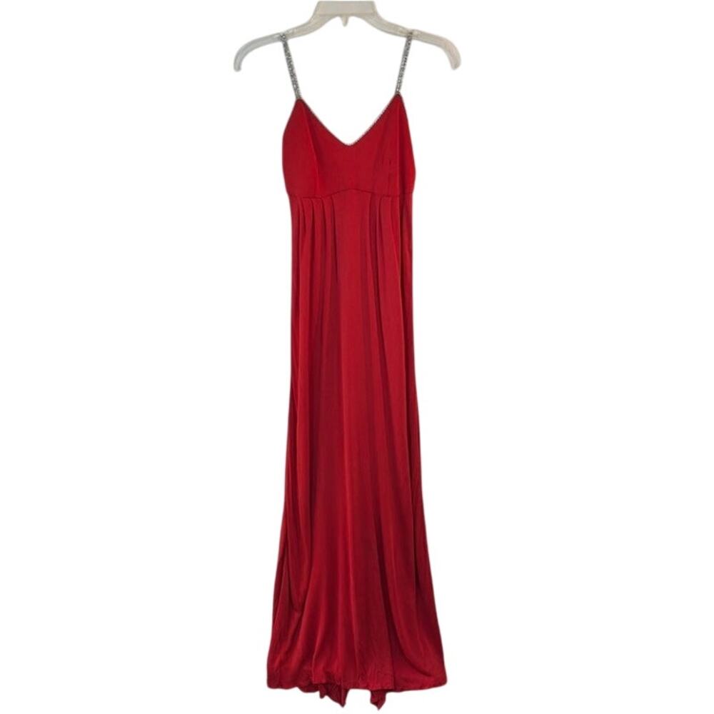 Vintage Slinky red polyester dress with rhinestone straps Medium fabric piece